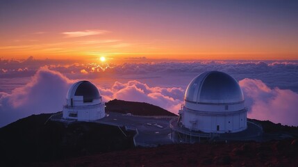 Obraz premium Two white observatory domes on a mountain summit above a sea of clouds at sunrise, glowing purple and orange sky evoking serene awe