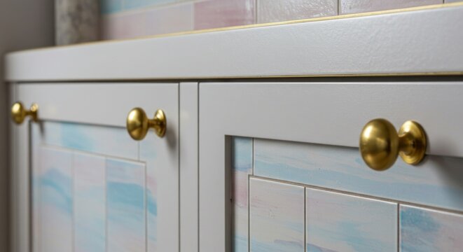 White wooden cabinet doors with brass knobs