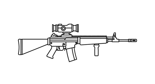 Assault Rifle with Scope and Vertical Foregrip - Line Art Illustration