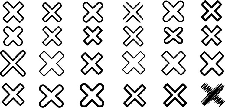 Hand-drawn Black and White X Marks Icons Collection. Doodle Outline Cross Symbols for UI Design, Error, Delete, Close, and Wrong Indications, General Glyph Set.