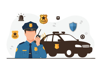 Police Officer with Patrol Car, Law Enforcement Concept © khafid