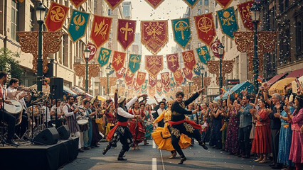 Fototapeta premium Energetic folk dancers performing traditional choreography on a city street decorated with medieval style banners.