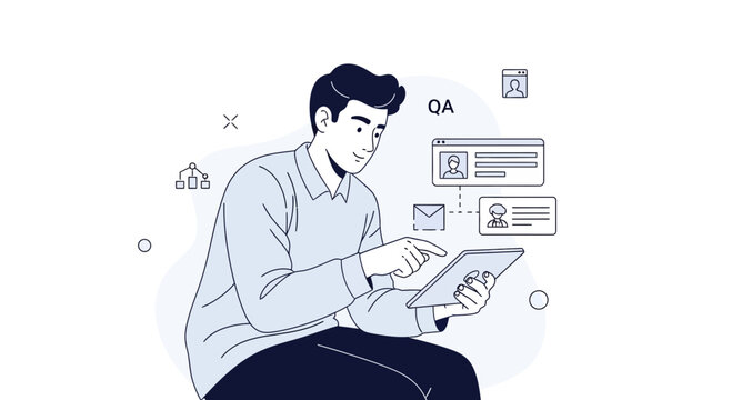 Man Using Tablet for QA and Online Communication, Digital Interface Concepts