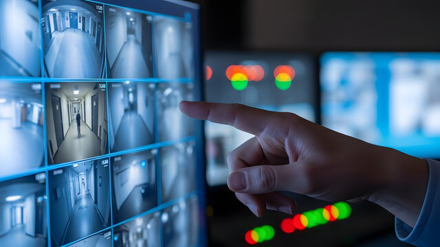 Security guard hand monitoring CCTV camera surveillance footage on a large digital screen.