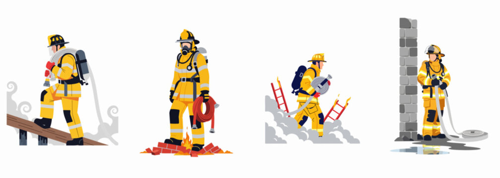 Set of vector illustrations depicting firefighters in various rescue and firefighting actions, including carrying hoses and navigating smoke-filled environments.