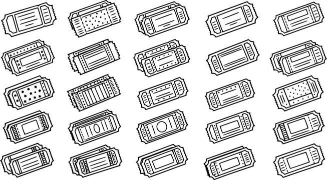 Hand-drawn Black  White Line Art Tickets Set for Entertainment and Events. Doodle Style Admission Passes and Vouchers Icon Collection.