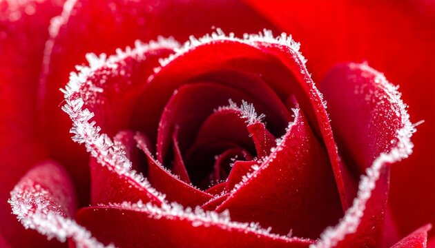 Close up of a deep red rose flower covered in white frost and ice crystals representing winter beauty and frozen nature elegance