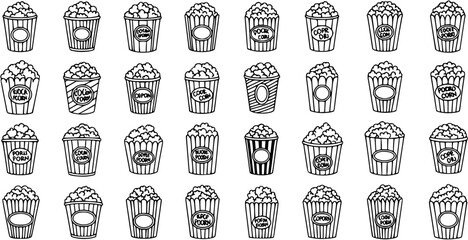 Cinema Food Entertainment Popcorn Buckets Line Art Icon Set. Hand-drawn Black and White Outline Popcorn Containers Collection. © pixsource