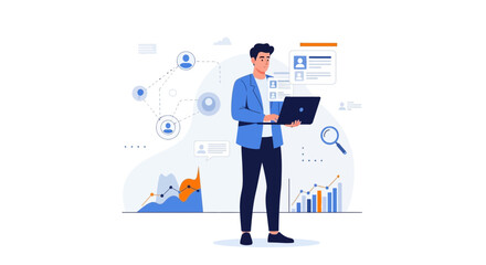 Obraz premium Man with laptop analyzing data charts and network connections, business concept illustration