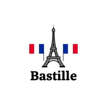 The iconic eiffel tower with french flags and bastille written underneath