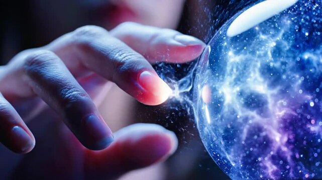 A person's hand reaching out to touch a glowing blue orb with purple and white accents, set against a dark background