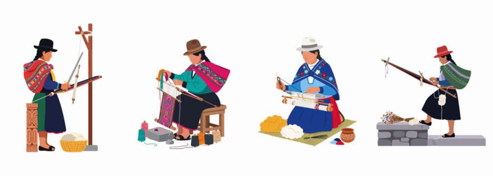 Set of illustrations depicting indigenous Andean women in traditional dress practicing traditional textile weaving techniques using manual looms and colorful yarn.