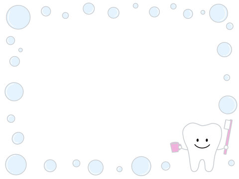 歯ブラシとコップを持つ歯のキャラクターののフレーム素材