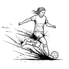 Fototapeta premium Dynamic Woman Soccer Player Kicking Ball with Splatter Effect