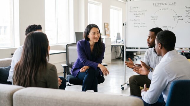 Diverse business team in modern office engaged in collaborative discussion around feedback and planning, empathetic leader listening and encouraging open communication