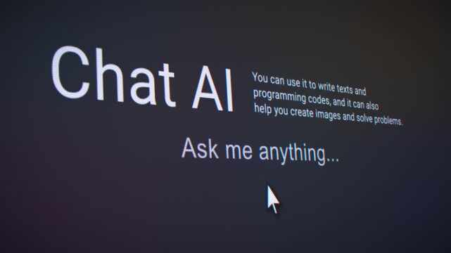 Video animation of a fictional AI user interface on a website in a web browser - chatting with a bot. Ideal for representing digital creativity, software interfaces, UI, UX layouts.