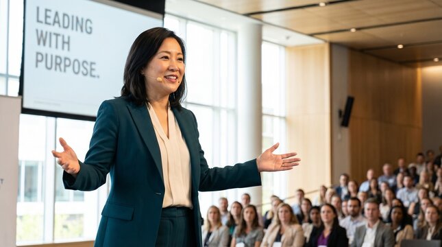 Confident female speaker delivering motivational business presentation in modern auditorium, smiling and engaging diverse audience with open gestures and purposeful energy