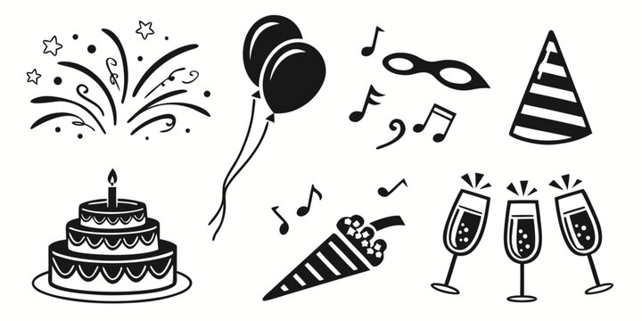 Collection of black and white party icons featuring a birthday cake balloons fireworks champagne glasses mask and party hat for celebration design elements celebration birthday champagne