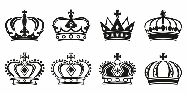 Set of eight diverse regal crown illustrations for royalty concepts with illustration monochrome collection nobility sovereign heraldry medieval silhouette template ornament decoration