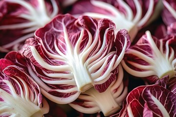 Obraz premium Close-up of halved radicchio heads with vivid burgundy and white veins, fresh crisp leaves conveying vibrant appetizing energy