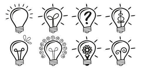 Hand-drawn lightbulb icons with various concepts representing ideas creativity problem-solving inspiration on a white background question mark lightbulb creativity solution innovation © ALEX ROSS
