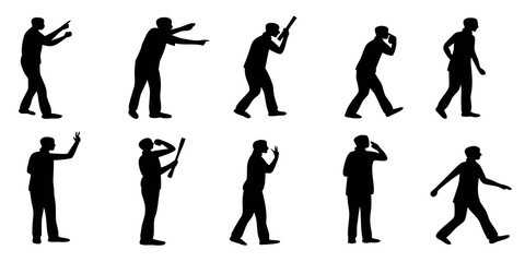 Set of black silhouettes of people in various poses showing human body language gestures with silhouette standing pointing language communication expression character isolated collection © ALEX ROSS
