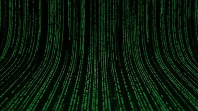 Falling green digital code rain on a dark background representing cybersecurity, data processing, and futuristic computer programming.