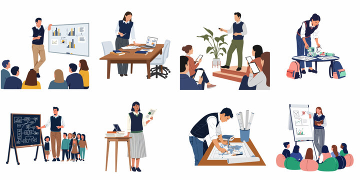 Flat vector illustrations of diverse professional and educational scenes including business presentations, classroom lectures, collaborative teamwork, and individual study sessions.