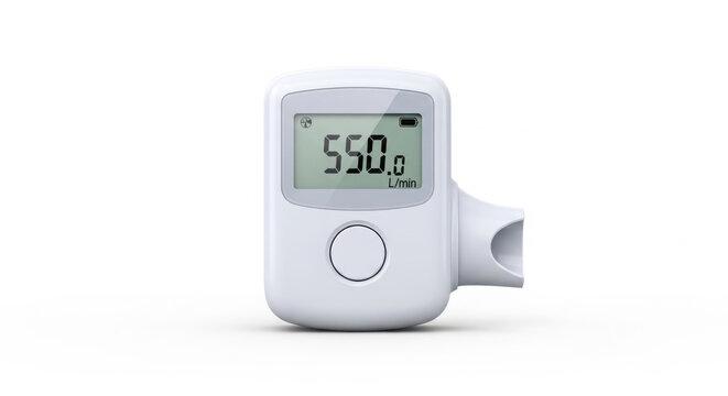 Modern digital peak flow meter device for respiratory monitoring, displaying 550 L/min on a bright LCD screen.