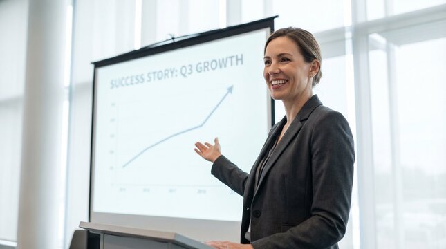 Businesswoman presenting upward growth chart at conference podium, confident smile and professional attire, bright modern meeting room with projection screen