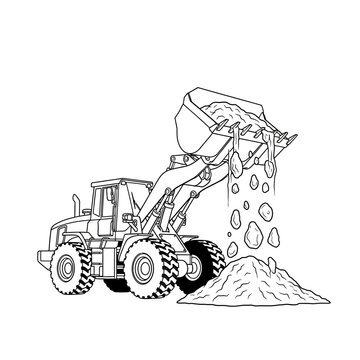 Front Loader Excavator Dumping Rocks and Soil into Pile - Construction Equipment Illustration