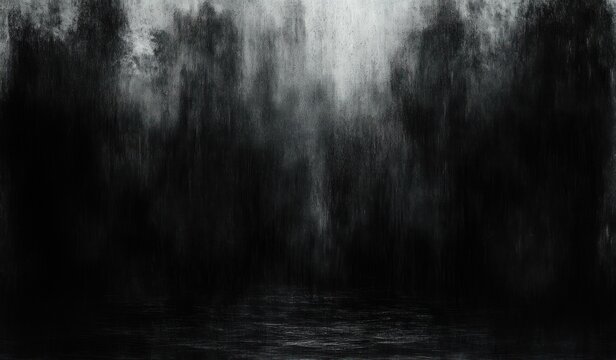 dark misty forest silhouettes rising above reflective water, heavy fog and shadows creating an ominous melancholic mood