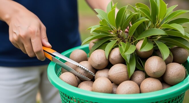 Person holding pruning shears cutting fruit from tree into green basket outdoors