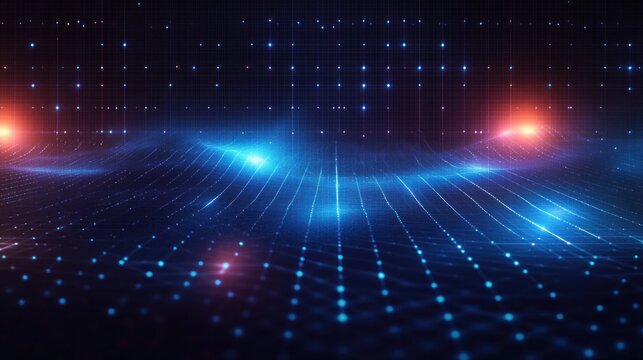 Undulating blue digital grid landscape with glowing data points and distant orange flares, evoking futuristic wonder
