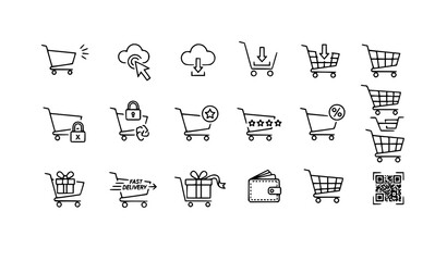Minimal shopping cart monoline icon pack with ecommerce symbols in clean black stroke vector for digital design © Joni