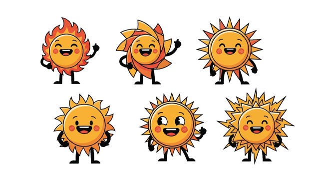 Cartoon sun characters set positive emotions happy face illustrations