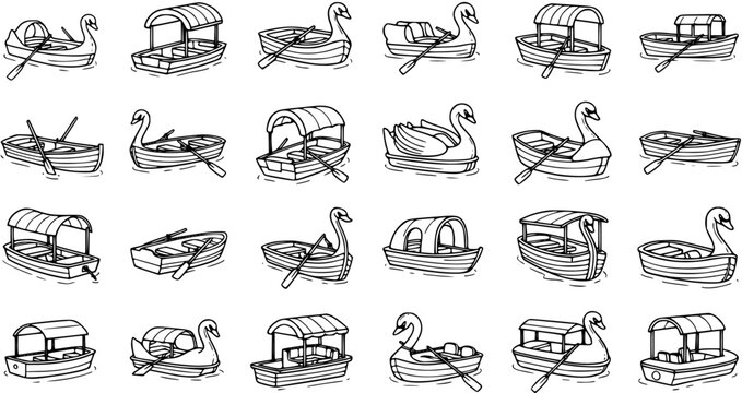 Water Transport  Recreation Boats Black and White Line Art Icon Set. Hand Drawn Outline Collection of Swan Pedal Boats, Rowboats, and Canopy Boats for Leisure and Tourism.