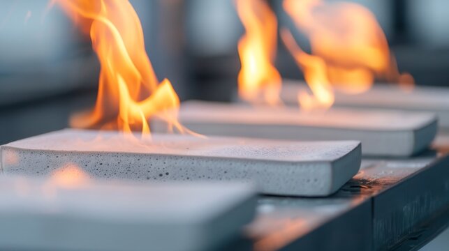 Fire-resistant mycelium panels undergoing flame tests, demonstrating safety, durability, and environmental advantages compared to traditional building materials in innovative construction solutions.