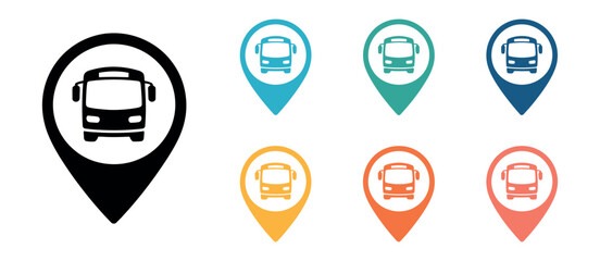 Bus concept vector icon set featuring public transport symbols city bus silhouettes and location markers simplified map navigation illustration modern design © Sidratul Muntaha 5