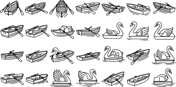 Black and White Line Art Illustration of Various Boats and Swan Paddle Boats for Outdoor Recreation