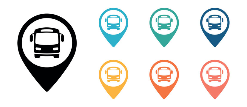 Bus concept vector icon set featuring public transport symbols city bus silhouettes and location markers simplified map navigation illustration modern design