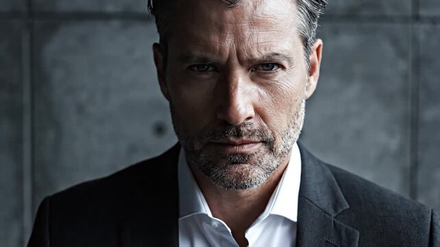 Intense Portrait of a Mature Man with a Serious Expression.