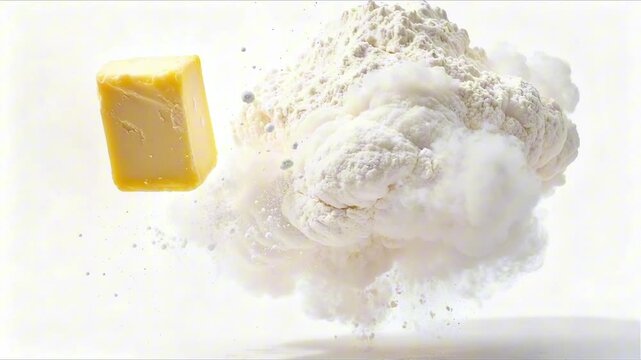 minimalist butter and flour explosion cloud on white background perfect for apple pie day