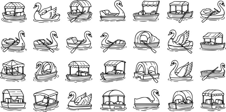 Hand-Drawn Black and White Line Art Icons of Various Recreational Watercraft including Traditional Boats and Swan Pedal Boats for Leisure and Tourism Activities