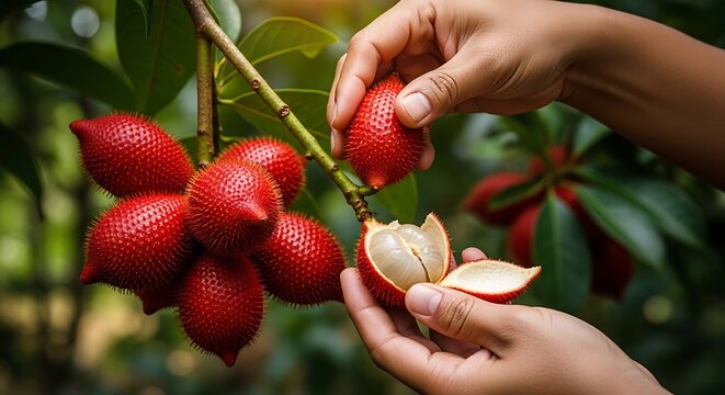 Hands picking and opening red lychee fruits from tree branch in garden