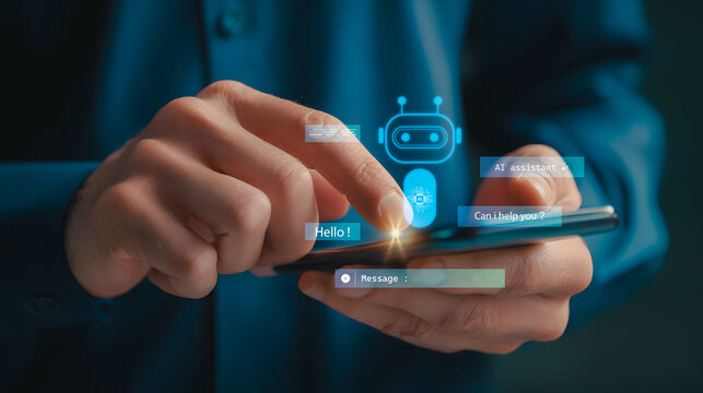Hand using smartphone with AI assistant chatbot interface, representing automation, messaging system and smart technology concept.