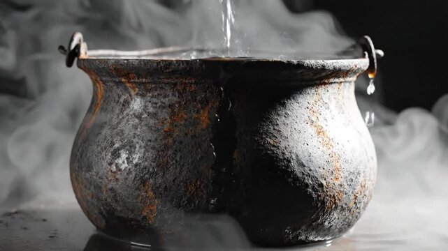 Spooky close up of a rusty cauldron with steam and water trickling inside for a potion