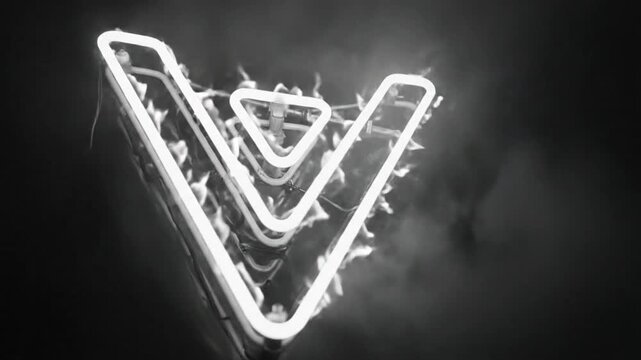 Abstract neon V symbol enveloped in smoke against a dark black backdrop creates a cool, mysterious effect.