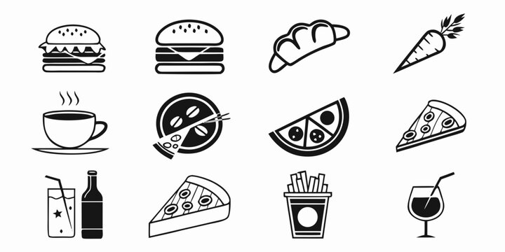 Fast food and drink menu flat icons set with fastfood croissant beverage junkfood restaurant appetizer delicious snacking cocktail vegetable refreshment illustration isolated