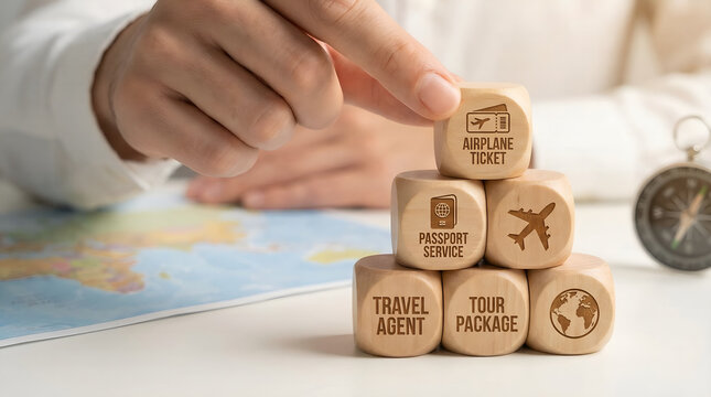 Travel planning with airplane ticket, passport, tour package, travel agent, and globe icons on wooden cubes